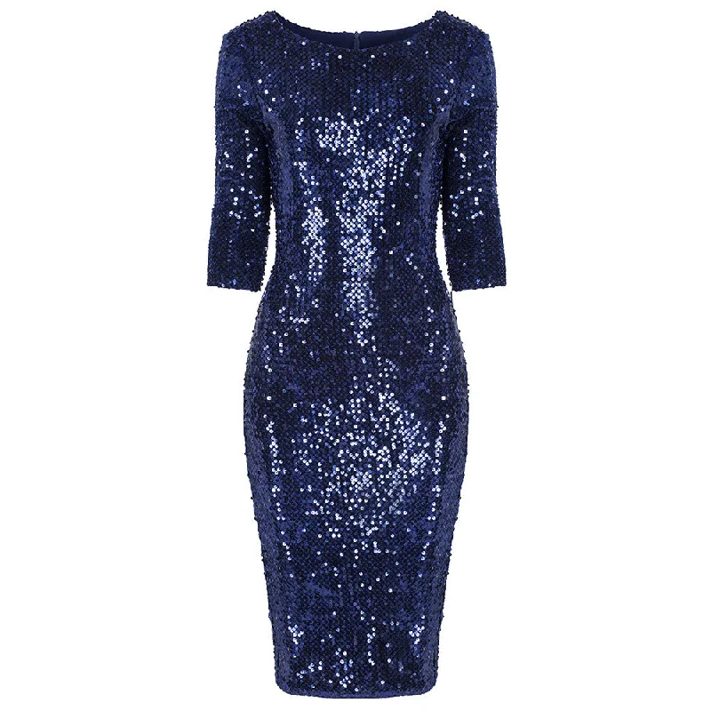 Navy Blue Velour Sequin Wiggle Dress Sequin Dress Long