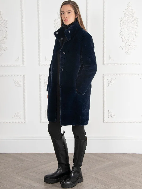 Signature Jackie Stand Collar Recycled Vegan Faur Fux Shearling Coat | Ink Blue Women's cropped jackets