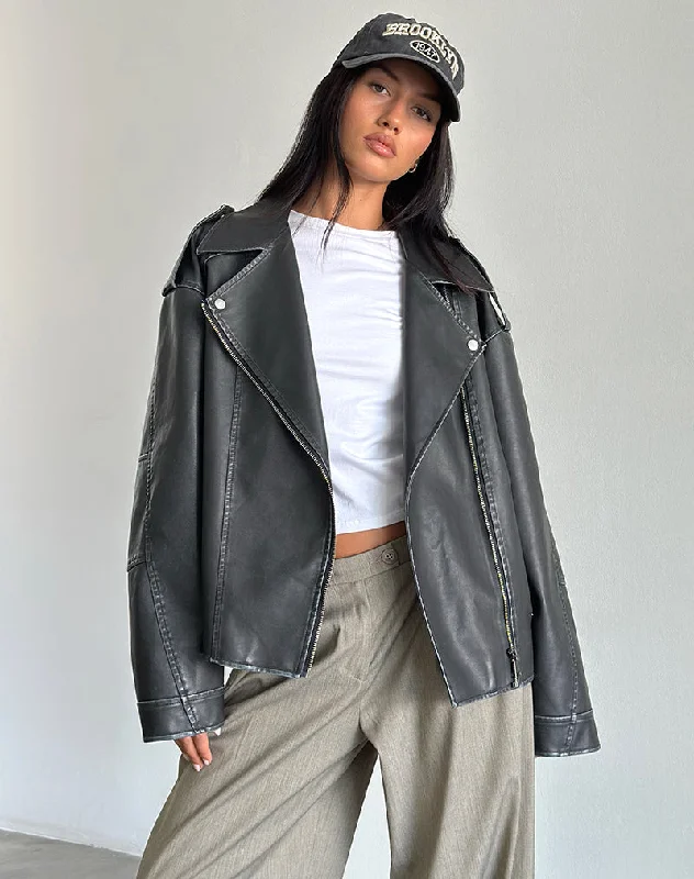 Zebbie Distressed PU Biker Jacket in Black Women's motorcycle jackets