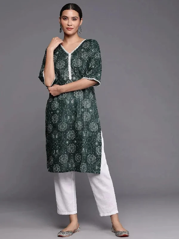 Green Printed Cotton Straight Kurta