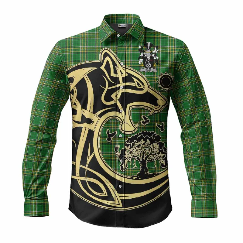 Dane Irish Tartan Long Sleeve Button Shirt with Coat of Arms Celtic Wolf Style