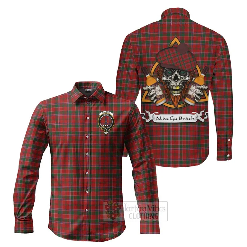 Dalzell (Dalziel) Tartan Long Sleeve Button Shirt with Family Crest and Bearded Skull Holding Bottles of Whiskey Dalzell (Dalziel) Tartan Long Sleeve Button Shirt with Family Crest and Bearded Skull Holding Bottles of Whiskey