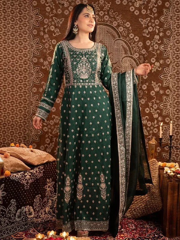 Libas Art Bottle Green Embroidered Silk A-Line Kurta With Trousers & Dupatta