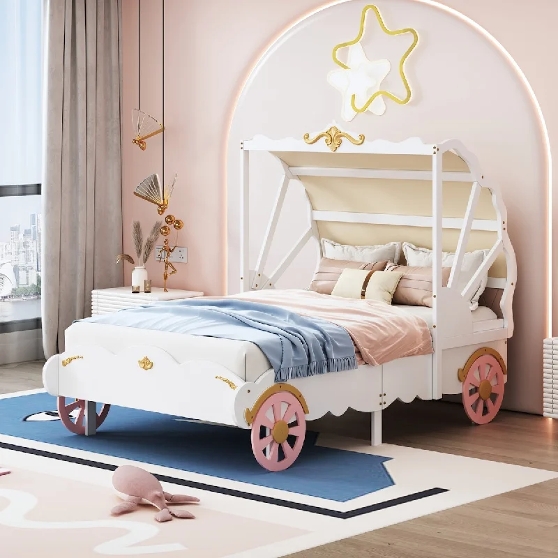 White+Pink Twin Princess Carriage Bed with Canopy