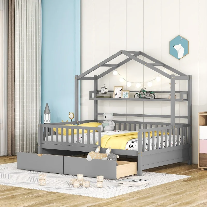 Grey Full Size Wooden Kids House Bed with 2 Drawers and Storage Shelf