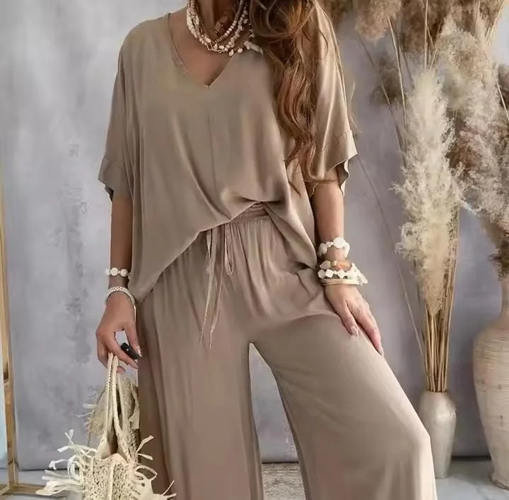 Women's V-Neck Bat Sleeve Casual Loose Wide Leg Pants Set Solid Homewear Summer 2 Way Trousers Sets B264661 Women's V-Neck Bat Sleeve Casual Loose Wide Leg Pants Set Solid Homewear Summer 2 Way Trousers Sets B264661