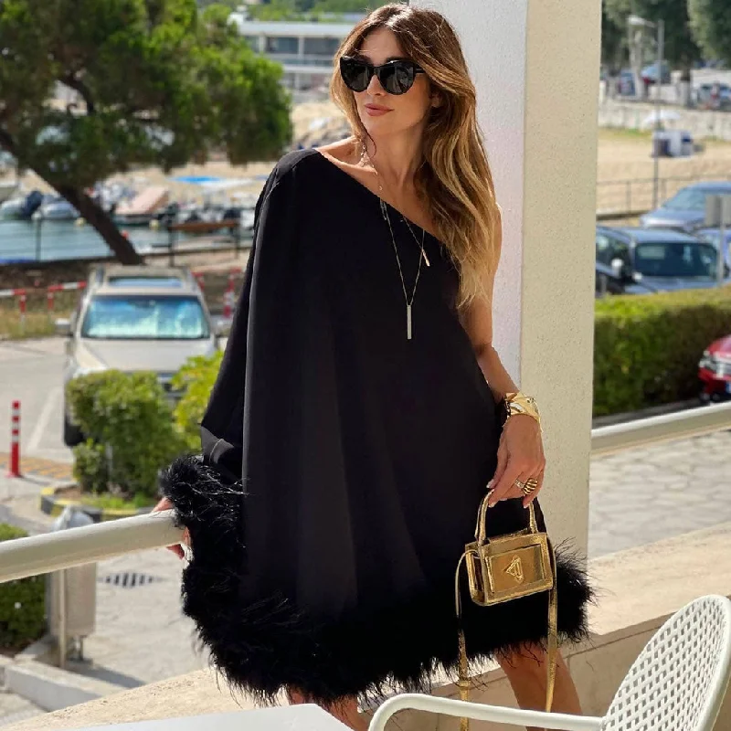 Lavish One Shoulder Cape Style A Line Layered Faux Feather Mini Dress Office mini dresses Lavish One Shoulder Cape Style A Line Layered Faux Feather Mini Dress Office mini dresses