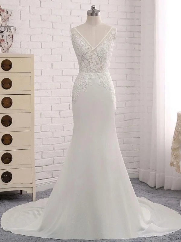 Modest V-Neck Lace Mermaid Wedding Dresses Luxury Lace Gown