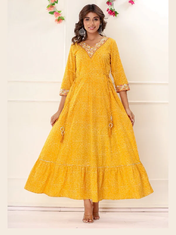 Bandhani Print Colorful Embroidered Anarkali Kurta Dress - Yellow Brunch floral dresses Bandhani Print Colorful Embroidered Anarkali Kurta Dress - Yellow Brunch floral dresses
