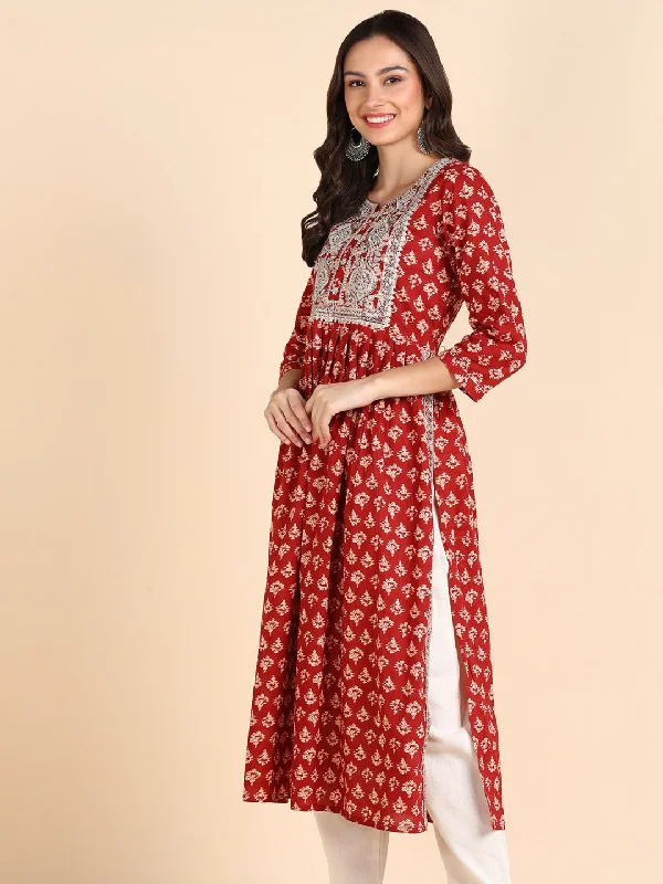 Classic Print Embroidered Nyra Cut Kurta- Red Cocktail floral dresses