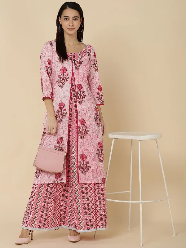 Floral and Chevron Print Anarkali Dress with Jacket - Pink High-end floral dresses