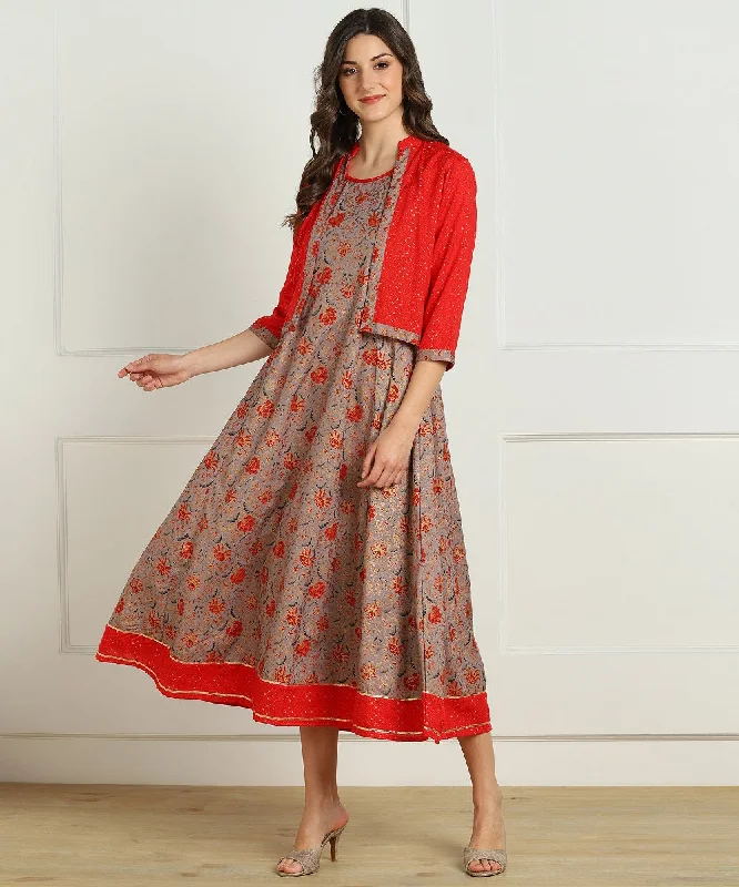Floral Print Anarkali Kurta with Jacket - Grey/Red Best floral dresses for work