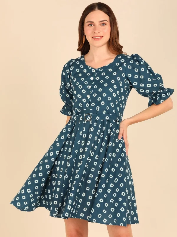 Abstract Print Fit & Flare Pure Cotton Dress - Blue Expensive floral dresses