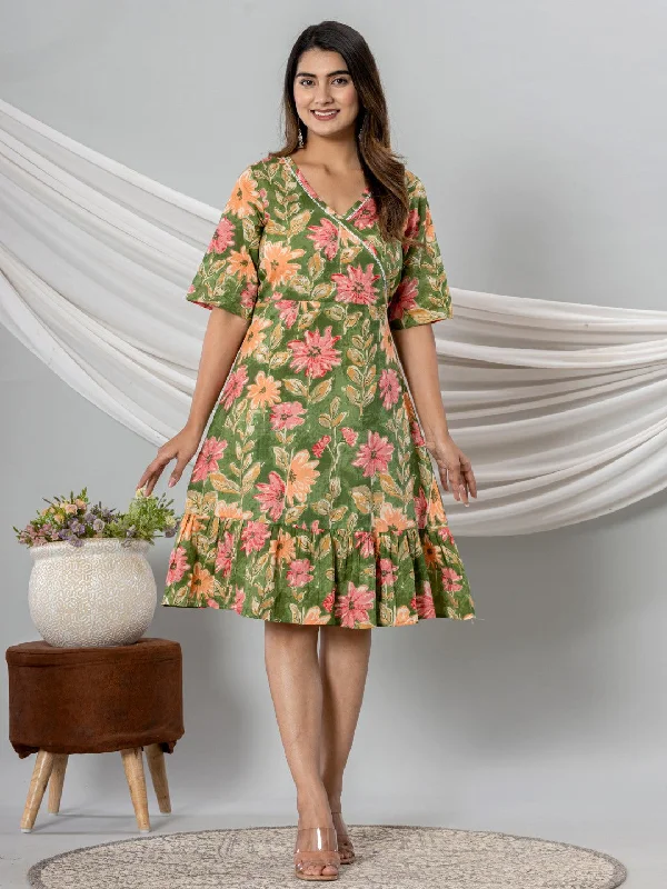 Floral Print Fit & Flare Pure Cotton Ruffled Dress - Green Cheap floral dresses