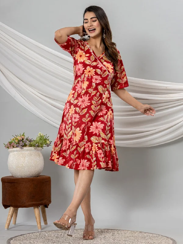 Floral Print Fit & Flare Pure Cotton Ruffled Dress - Red Designer floral dresses