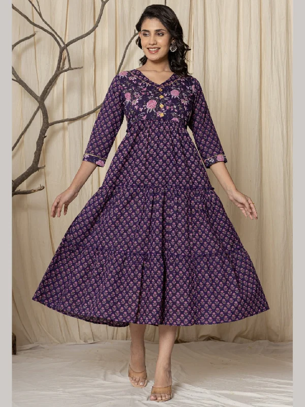 Floral Print Tiered Ankle Length Dress - Blue Wedding floral dresses