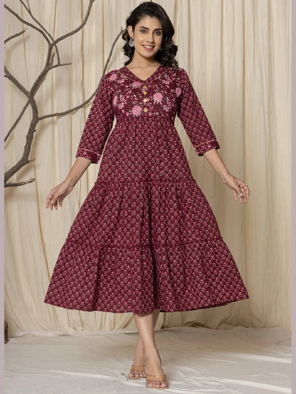 Floral Print Tiered Ankle Length Dress - Wine Outdoor floral dresses