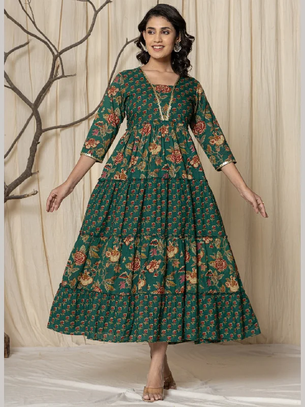 Floral Print Tiered Ankle Length Embellished Dress - Green Graduation floral dresses