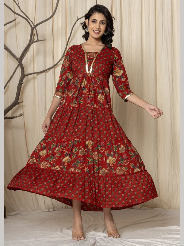 Floral Print Tiered Ankle Length Embellished Dress - Red Anniversary floral dresses