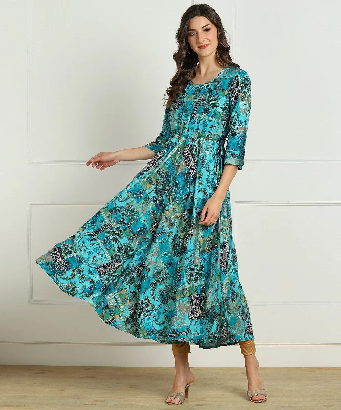 Premium Rayon Multi Ethnic Print Flared Kurta - Blue Budget-friendly floral dresses