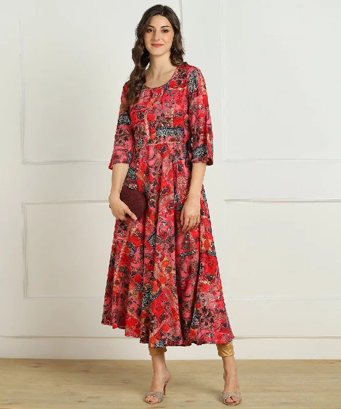 Premium Rayon Multi Ethnic Print Flared Kurta - Red Discounted floral dresses
