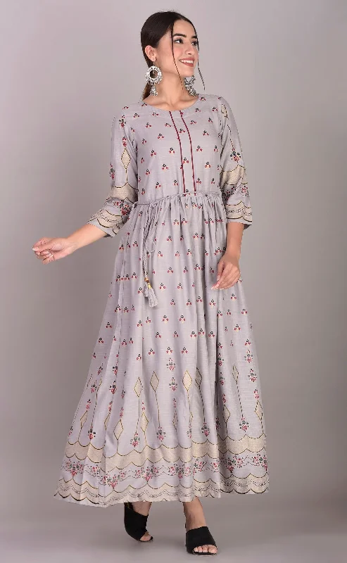 Rayon Ethnic Print Ankle Length Kurti Dress (Grey) Best floral dresses for hourglass body shape Rayon Ethnic Print Ankle Length Kurti Dress (Grey) Best floral dresses for hourglass body shape