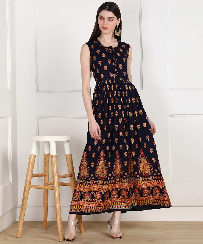 Rayon Ethnic Printed Pleted Sleeveless Kurta Dress - Dark Blue Best floral dresses for petites Rayon Ethnic Printed Pleted Sleeveless Kurta Dress - Dark Blue Best floral dresses for petites