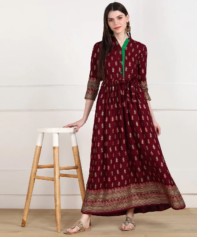 Rayon Printed Floor Length Ethnic Dress - Maroon Best floral dresses for elegant looks Rayon Printed Floor Length Ethnic Dress - Maroon Best floral dresses for elegant looks