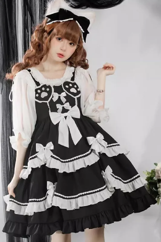 Black/White Bear Paw Print Ruffle Bowknot Sweet Princess Lolita Jsk Dress H&M floral dresses Black/White Bear Paw Print Ruffle Bowknot Sweet Princess Lolita Jsk Dress H&M floral dresses