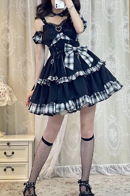 Black/White Plaid Print Color Contrast Leather Buckle Bowknot Ruffle Gothic Lolita JSK Dress Retro floral dresses Black/White Plaid Print Color Contrast Leather Buckle Bowknot Ruffle Gothic Lolita JSK Dress Retro floral dresses