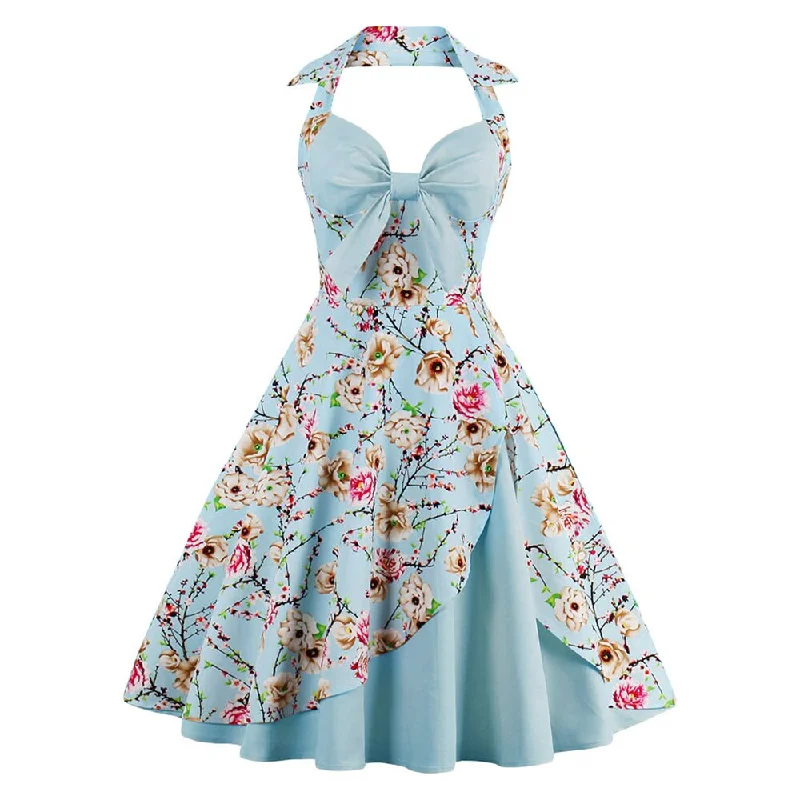 Blue Floral Summer Cotton Halter Bowknot V Neck Patchwork Robe Pin Up Swing Party Casual Dresses Office floral dresses Blue Floral Summer Cotton Halter Bowknot V Neck Patchwork Robe Pin Up Swing Party Casual Dresses Office floral dresses