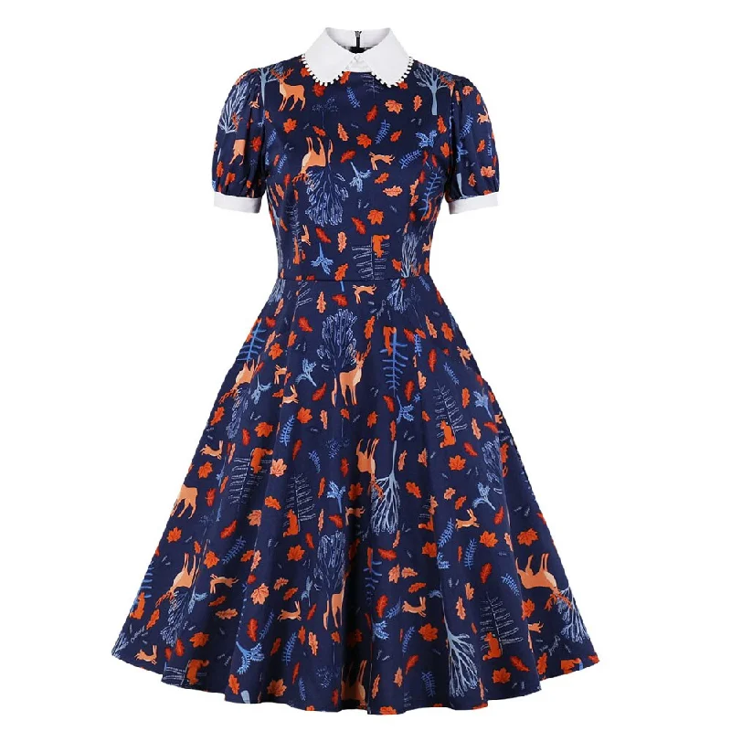 Blue Vintage Summer Short Sleeve Peter Pan Collar Tree Leaf Animal Print Robe Pin Up Swing Casual Dresses Summer floral dresses Blue Vintage Summer Short Sleeve Peter Pan Collar Tree Leaf Animal Print Robe Pin Up Swing Casual Dresses Summer floral dresses