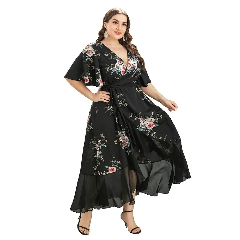 Floral Print Summer 5XL Plus Size Women Boho V Neck Ruffle Long Bohemian Party Wrap Dresses Wedding guest floral dresses Floral Print Summer 5XL Plus Size Women Boho V Neck Ruffle Long Bohemian Party Wrap Dresses Wedding guest floral dresses