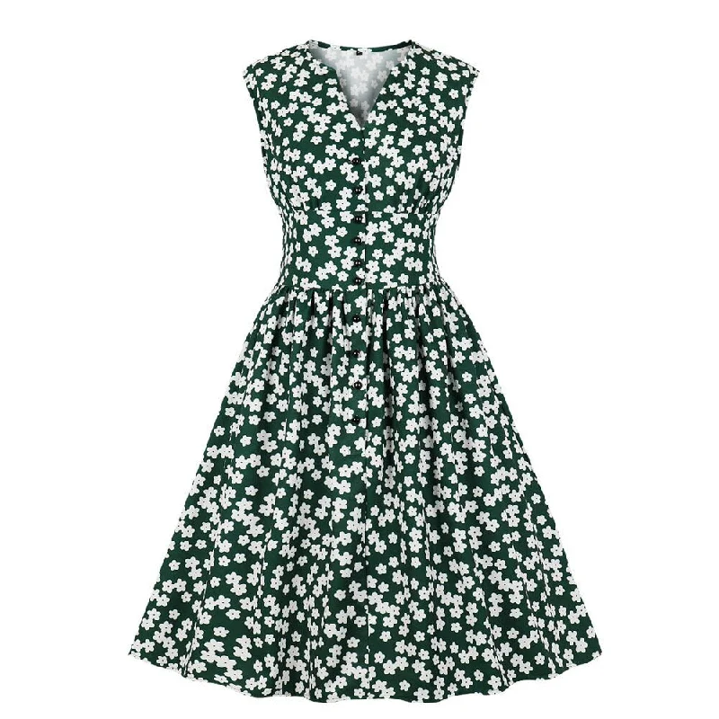 Floral Print Vintage Sleeveless High Waist Button Robe Pin Up Swing Casual Dresses Chic floral dresses Floral Print Vintage Sleeveless High Waist Button Robe Pin Up Swing Casual Dresses Chic floral dresses