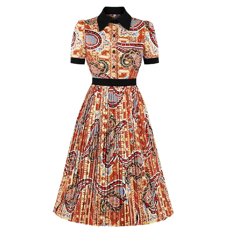 Elegant Print Pleated Short Sleeve Black Turn Down Collar High Waist Button Up Vintage Dress Cottagecore floral dresses Elegant Print Pleated Short Sleeve Black Turn Down Collar High Waist Button Up Vintage Dress Cottagecore floral dresses