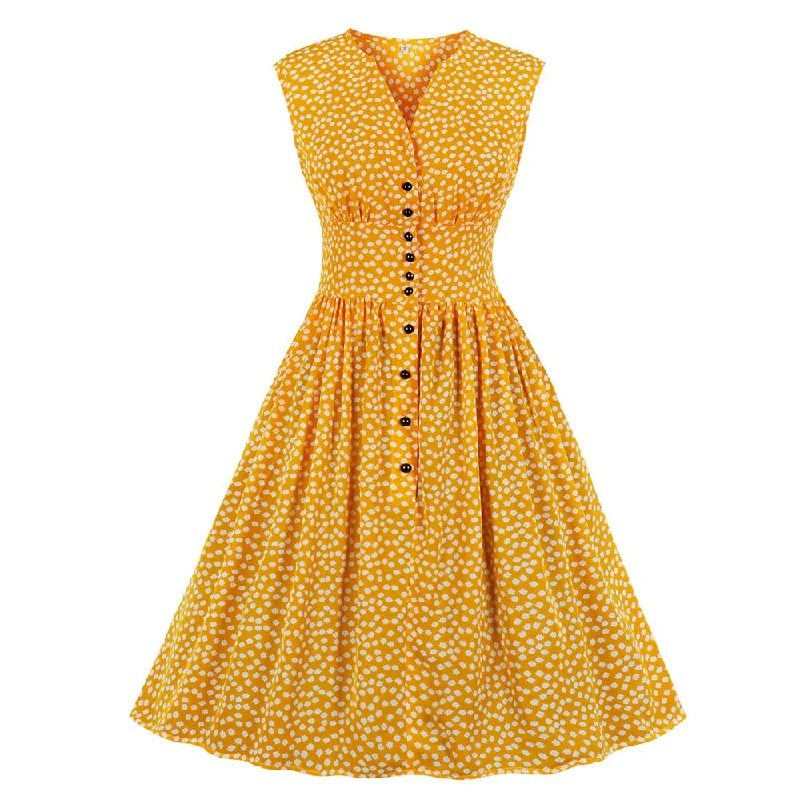Summer V Neck Sleeveless High Waist Robe Pin Up Swing Yellow Print Casual Dress Sundresses Organza floral dresses Summer V Neck Sleeveless High Waist Robe Pin Up Swing Yellow Print Casual Dress Sundresses Organza floral dresses