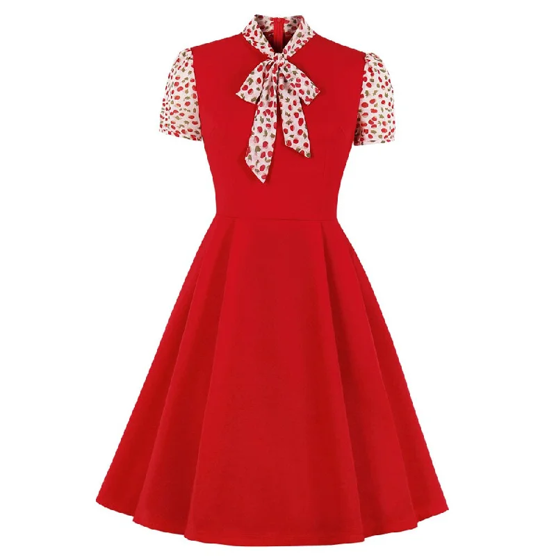 Women Short Sleeve Bowknot Neck Short Sleeve Red Floral Patchwork Office Ladies Dresses Linen floral dresses Women Short Sleeve Bowknot Neck Short Sleeve Red Floral Patchwork Office Ladies Dresses Linen floral dresses