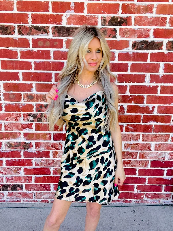 Evergreen Leopard Print Holiday Slip Dress- Beige Mini floral dresses