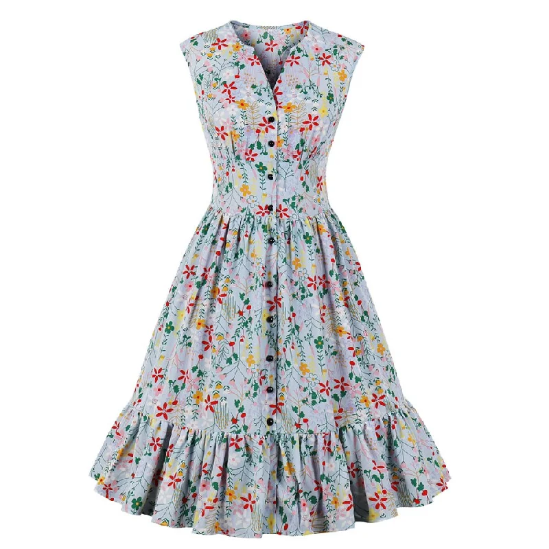 Floral Print Women Summer Sleeveless V Neck Button Up Ruffle Hem Holiday Party Vintage Dresses Party floral dresses Floral Print Women Summer Sleeveless V Neck Button Up Ruffle Hem Holiday Party Vintage Dresses Party floral dresses