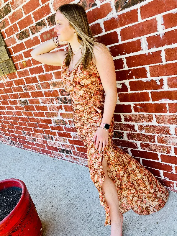 Mauve Mocha Floral Ruffle Side Dress Maxi floral dresses