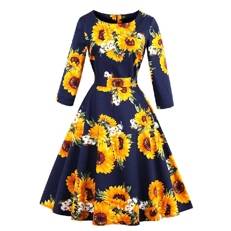 Navy Blue Floral Women High Waist Sleeve Robe Pin Up Swing Cotton Vintage Dress Vacation floral dresses Navy Blue Floral Women High Waist Sleeve Robe Pin Up Swing Cotton Vintage Dress Vacation floral dresses