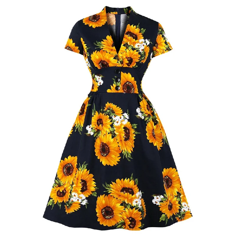 Navy Blue Floral Summer Cotton Short Sleeve Robe Pin Up Swing Retro Vintage Dresses Silk floral dresses Navy Blue Floral Summer Cotton Short Sleeve Robe Pin Up Swing Retro Vintage Dresses Silk floral dresses