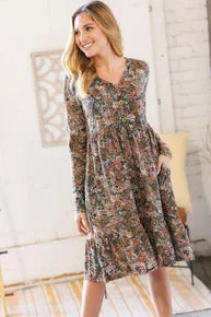 Olive Floral Print Button Down Babydoll Dress Plus size floral dresses