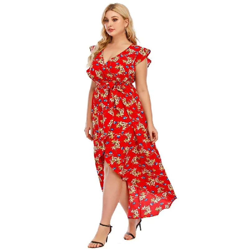 Red Floral Plus Size Women Boho V Neck Asymmetrical High Waist Beachwear Long Beach Party Bohemian Dress Beach floral dresses Red Floral Plus Size Women Boho V Neck Asymmetrical High Waist Beachwear Long Beach Party Bohemian Dress Beach floral dresses