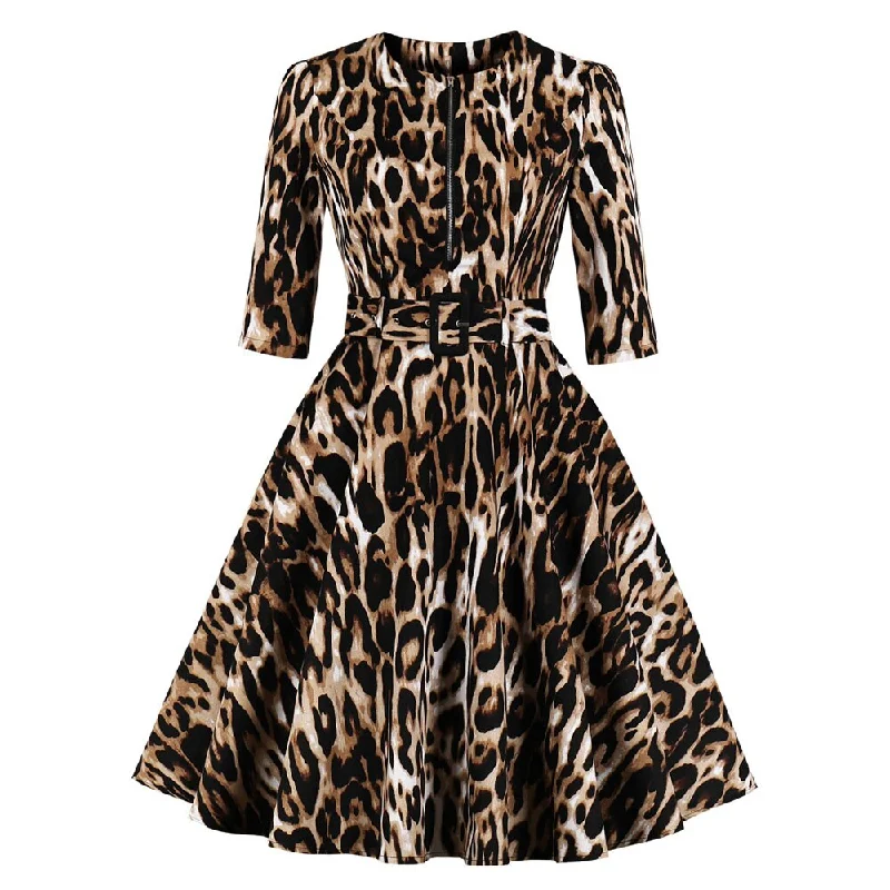 Sexy Leopard Print 3/4 Sleeve Cotton Belt Robe Pin Up Swing Retro Vintage Dresses With Pockets Romantic floral dresses Sexy Leopard Print 3/4 Sleeve Cotton Belt Robe Pin Up Swing Retro Vintage Dresses With Pockets Romantic floral dresses
