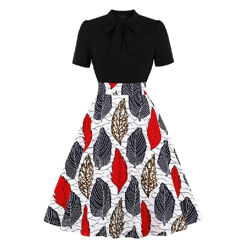 Vintage Dresses 50s 60s Retro Bow Neck Leaf Print Black Patchwork Robe Pin Up Swing Casual Dress Preppy floral dresses Vintage Dresses 50s 60s Retro Bow Neck Leaf Print Black Patchwork Robe Pin Up Swing Casual Dress Preppy floral dresses