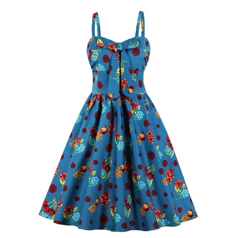 Women Summer Vintage Cotton Spaghetti Strap Bowknot Cherry Print Robe Pinup Swing Casual Dress Sundresses Edgy floral dresses Women Summer Vintage Cotton Spaghetti Strap Bowknot Cherry Print Robe Pinup Swing Casual Dress Sundresses Edgy floral dresses