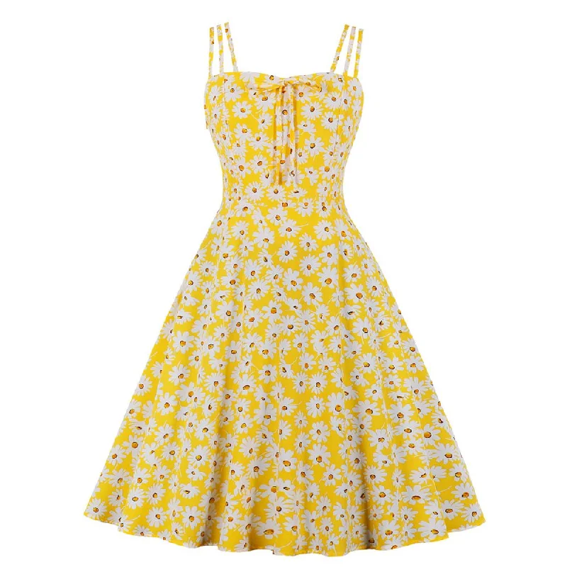 Yellow Floral Print Spaghetti Strap Bowknot Robe Pin Up Swing Retro Vintage Dress Knitted floral dresses Yellow Floral Print Spaghetti Strap Bowknot Robe Pin Up Swing Retro Vintage Dress Knitted floral dresses