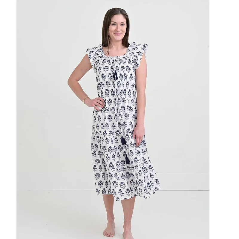 Agra Bloom Indigo Flutter Sleeve Peasant Dress Breathable unclassified dresses