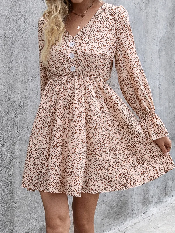 Blue Zone Planet |  Decorative Button V-Neck Flounce Sleeve Dress Anniversary unclassified dresses